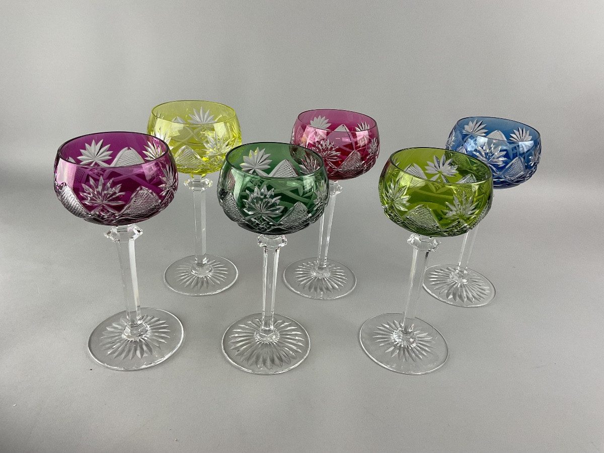Six Val St Lambert Colored Wine Glasses