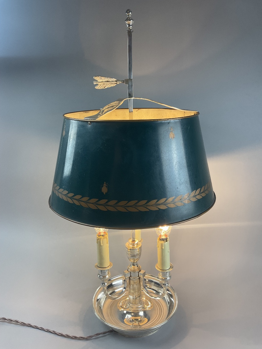 Lampe bouillotte en bronze argenté trois bras de lumière 