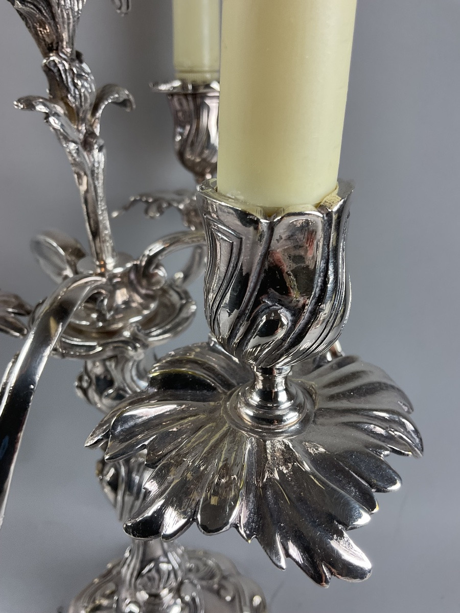 Paire de flambeaux en bronze argenté style Louis XV-photo-3