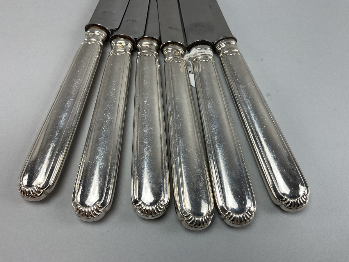 Six Table Knives With Silver Handles