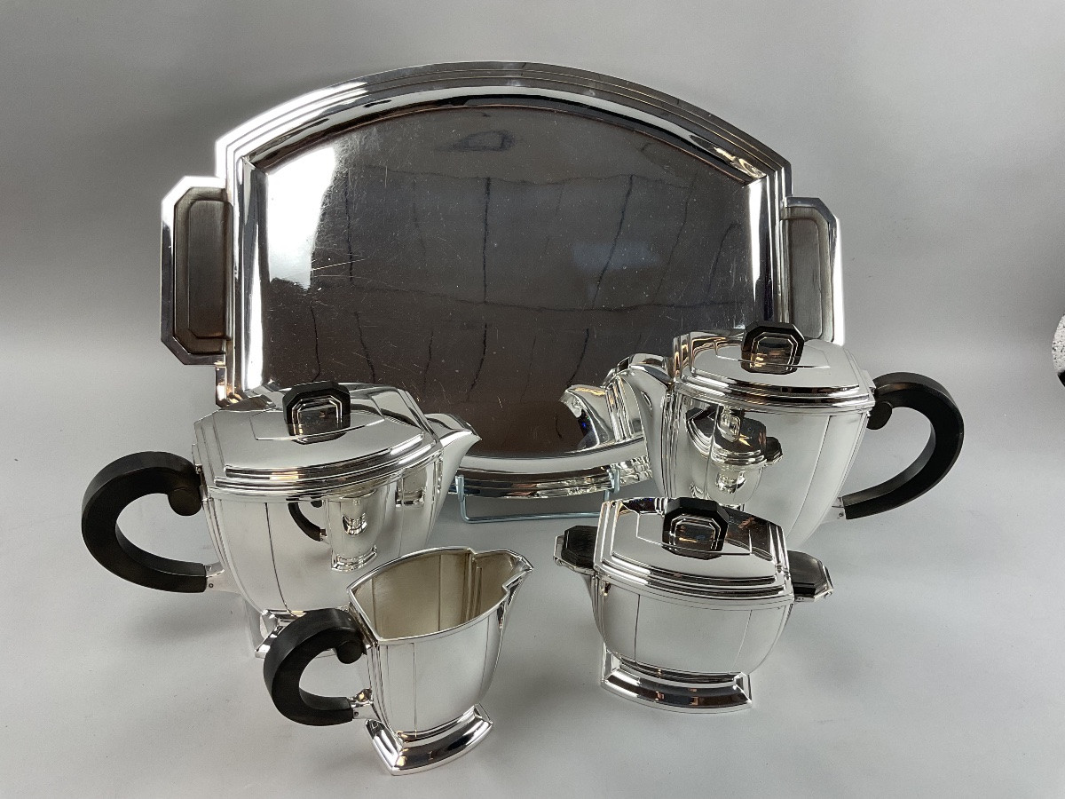 Service à thé et café Art déco en métal argenté, Ravinet d’Enfert, vers 1925 — 5 pièces-photo-2