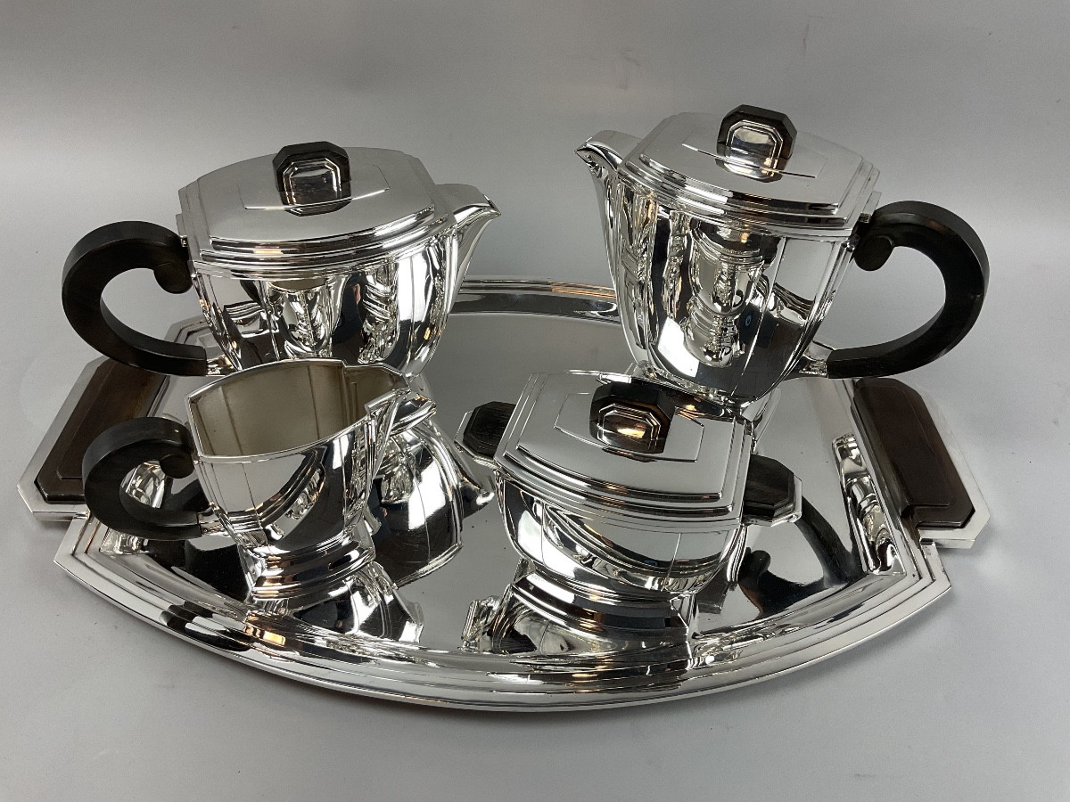 Service à thé et café Art déco en métal argenté, Ravinet d’Enfert, vers 1925 — 5 pièces