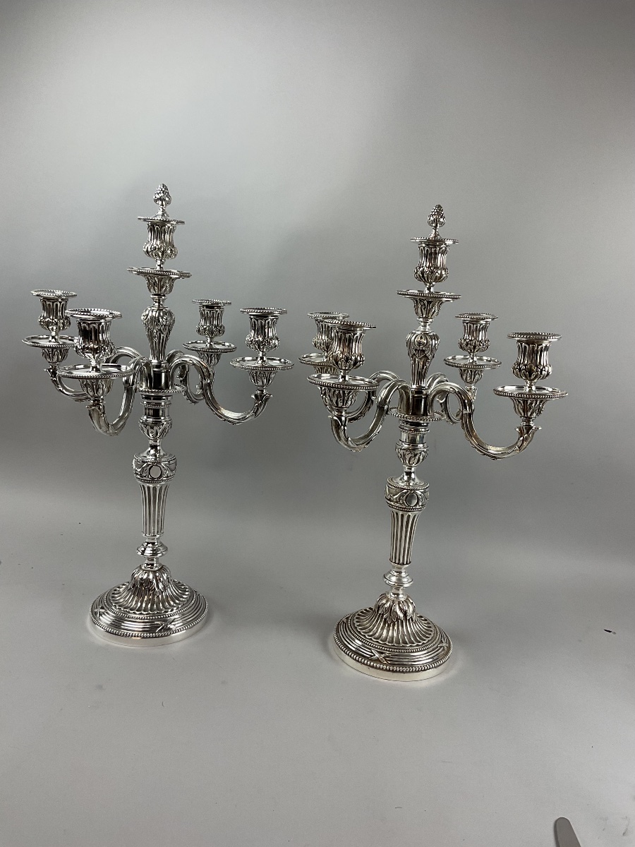 Pair Of 5-arm Silver-plated Metal Candelabras