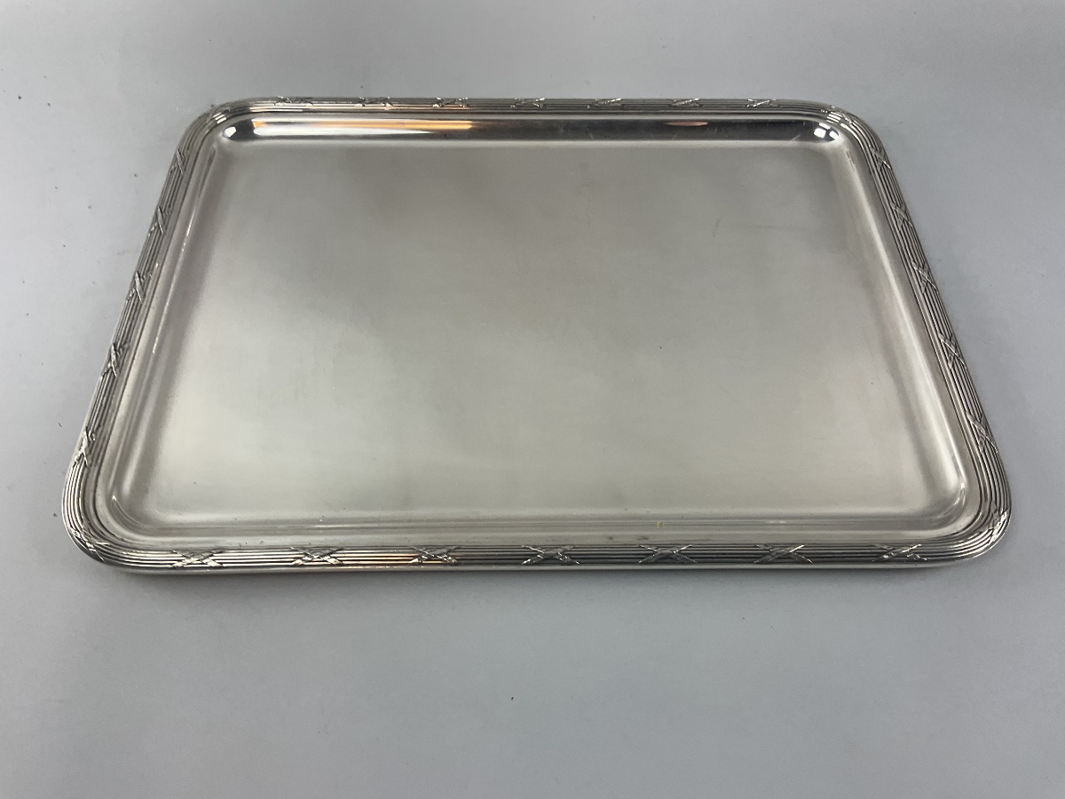 Christofle Serving Tray, Ribbon Cross Pattern