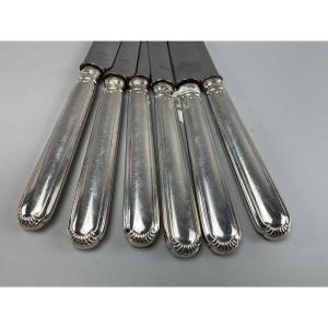 Six Table Knives With Silver Handles