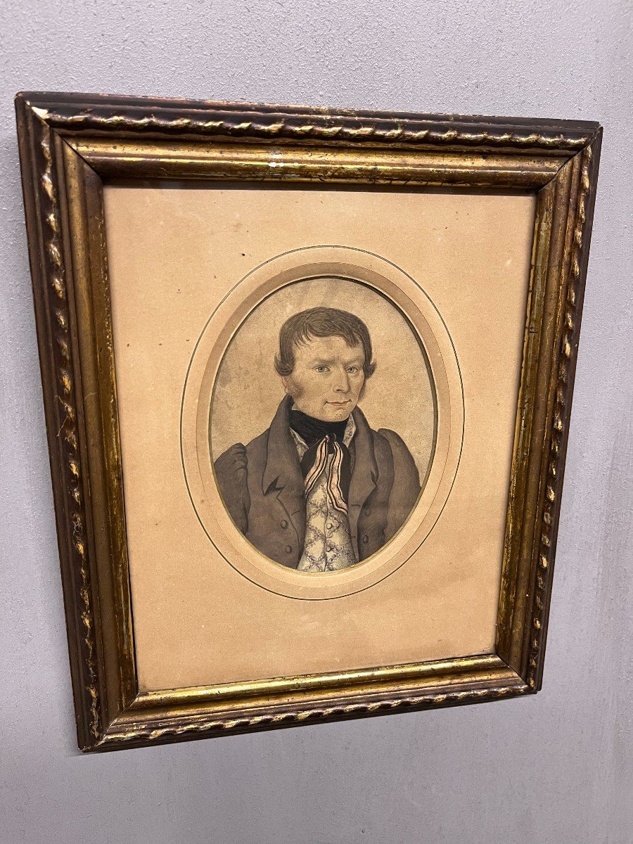 Paire d' Aquarelles  Portraits  Homme  Femme  Couple De Normands De Caen De 1830 tableaux Castel -photo-2
