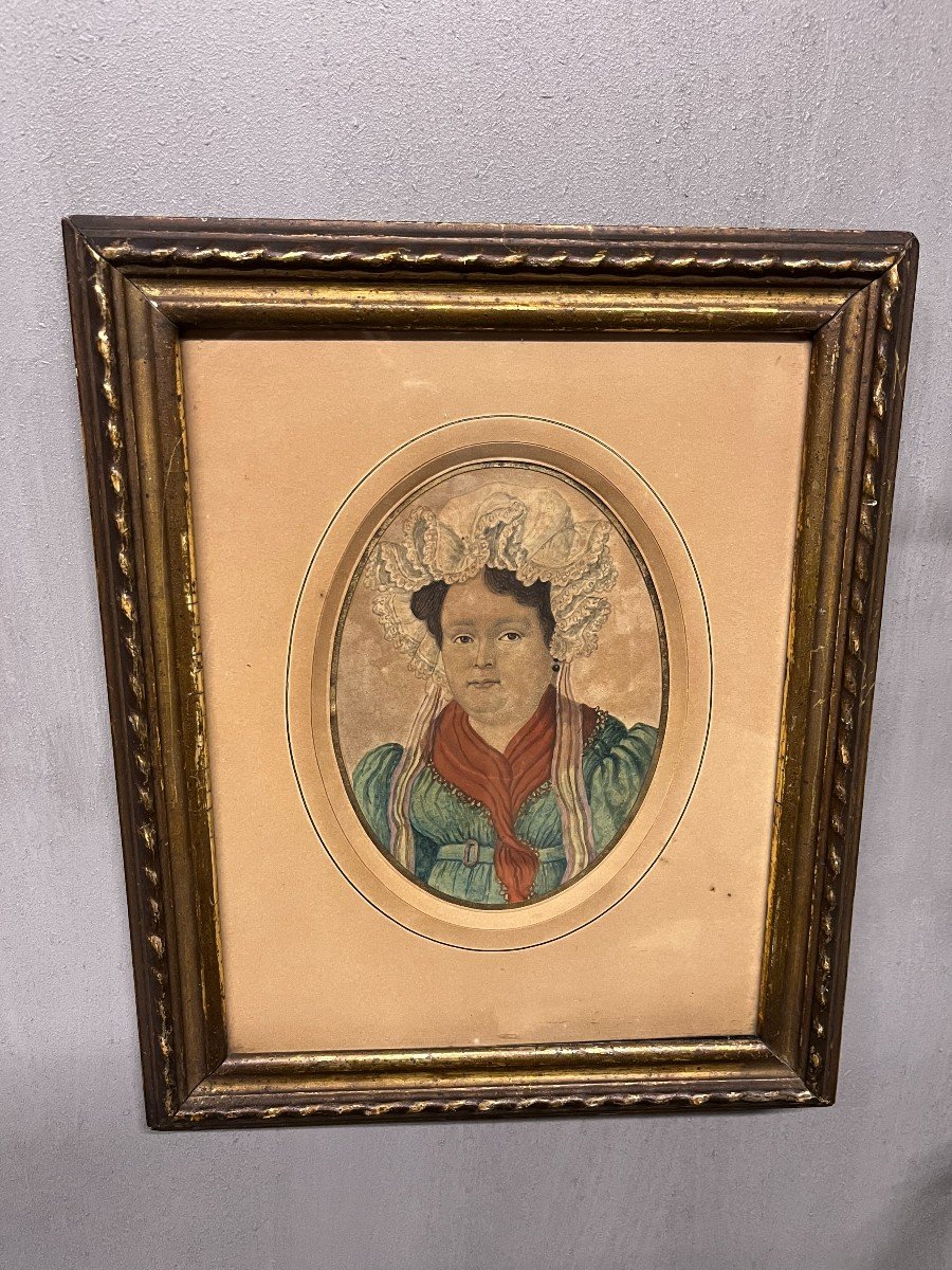 Paire d' Aquarelles  Portraits  Homme  Femme  Couple De Normands De Caen De 1830 tableaux Castel -photo-3