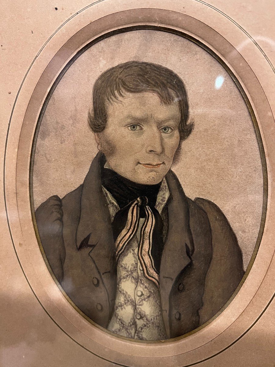 Paire d' Aquarelles  Portraits  Homme  Femme  Couple De Normands De Caen De 1830 tableaux Castel -photo-1