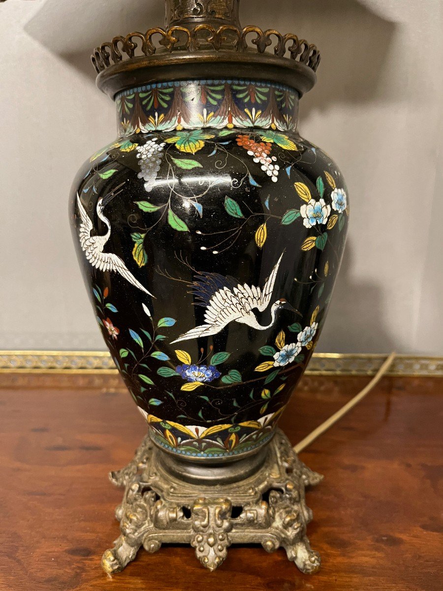 Japanese Lamp, Napoleon III In Black Cloisonné Enamels And Bronze-photo-2