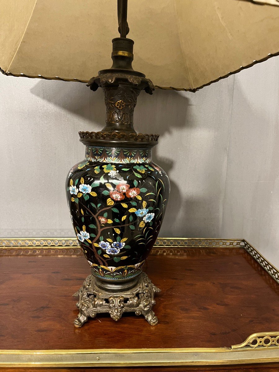 Japanese Lamp, Napoleon III In Black Cloisonné Enamels And Bronze-photo-4