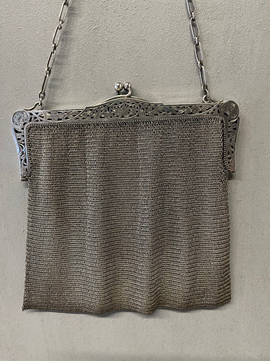 Grand Reticule En Argent Massif  Bourse Aumonière Sac à Main maille -photo-2