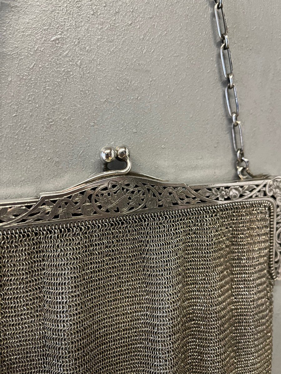 Grand Reticule En Argent Massif  Bourse Aumonière Sac à Main maille -photo-3
