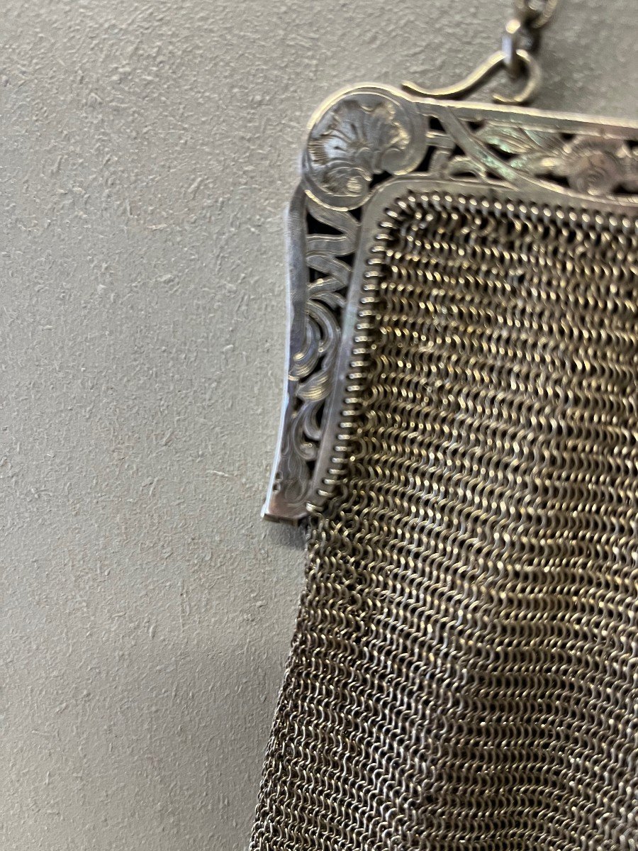 Grand Reticule En Argent Massif  Bourse Aumonière Sac à Main maille -photo-4