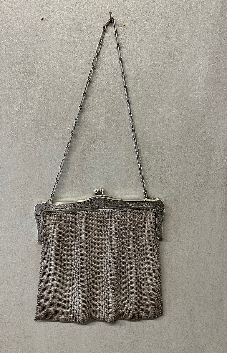 Grand Reticule En Argent Massif  Bourse Aumonière Sac à Main maille 