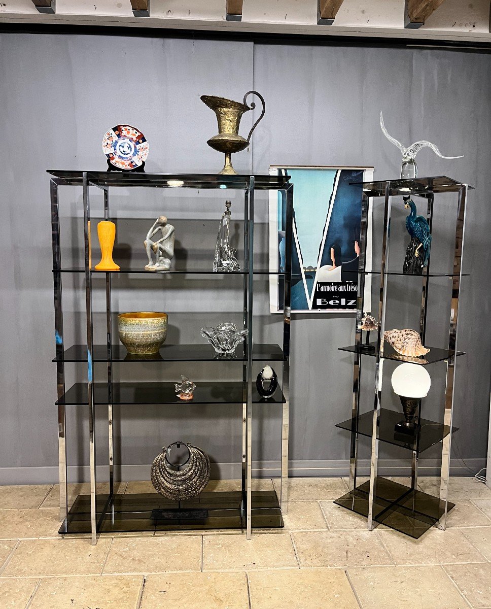 Shelves - Vintage Showcases In Chromed Metal And Smoked Glass Design 1970