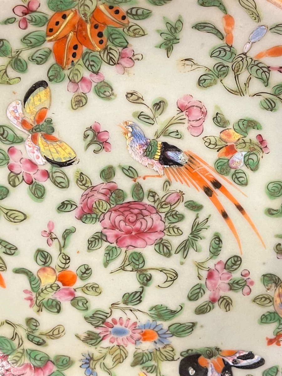Assiette Chinoise  porcelaine Vert Céladon Papillon Oiseaux  Polychrome -photo-3