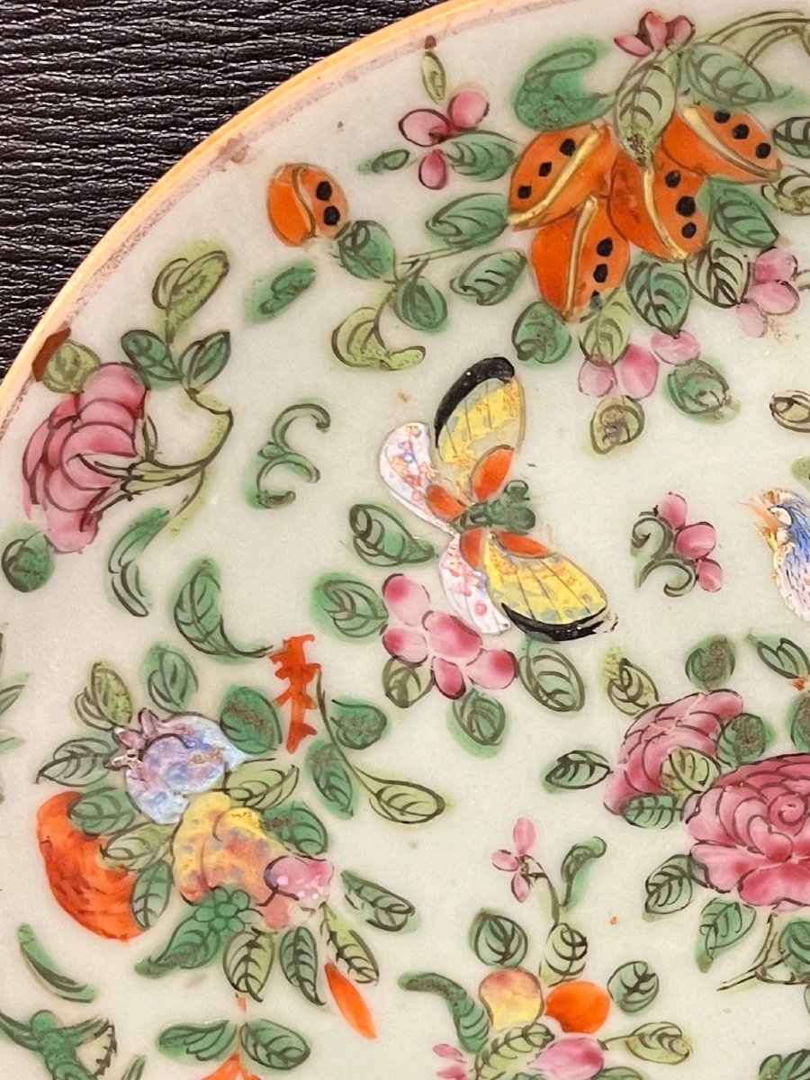 Chinese Porcelain Plate Green Celadon Butterfly Birds Polychrome-photo-4