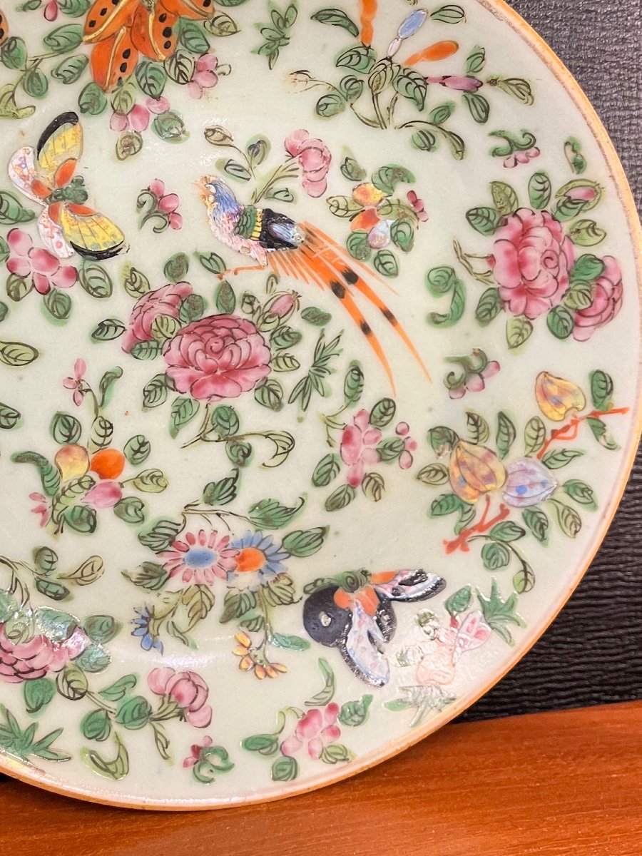 Assiette Chinoise  porcelaine Vert Céladon Papillon Oiseaux  Polychrome -photo-1