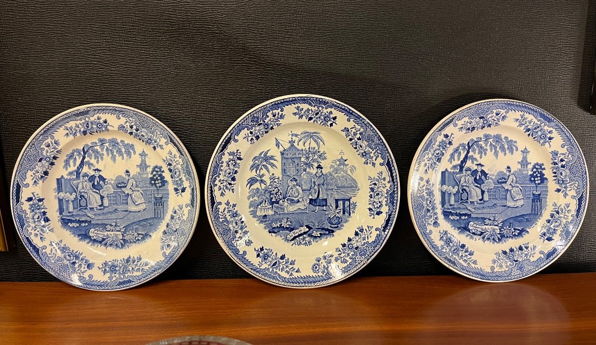 3 Assiettes Creil Et Montereau Décor Chine Bleu Blanc 1834