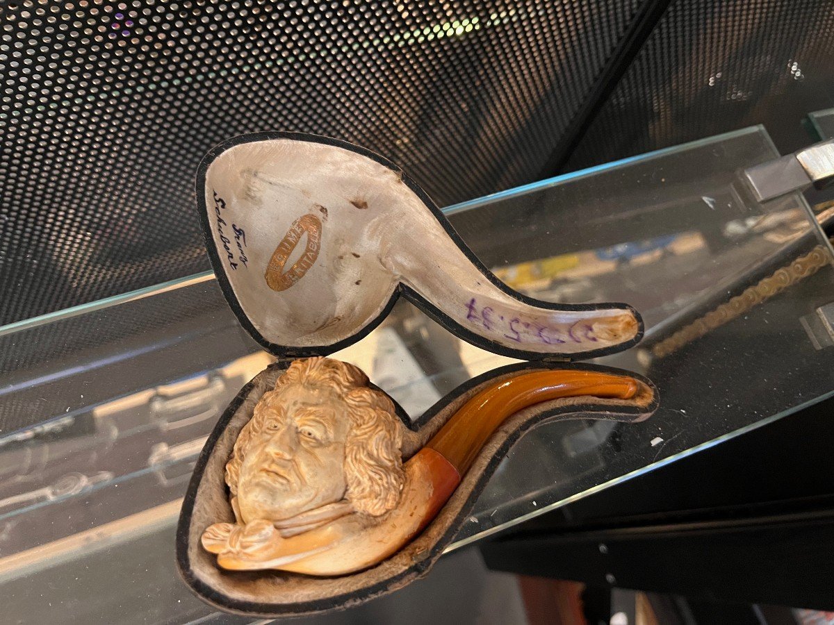 Pipe In Meerschaum And Amber Head Face Of Muscien F. Schubert 19th -photo-2