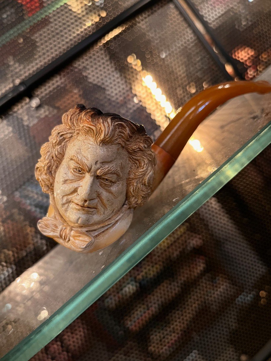 Pipe In Meerschaum And Amber Head Face Of Muscien F. Schubert 19th -photo-3