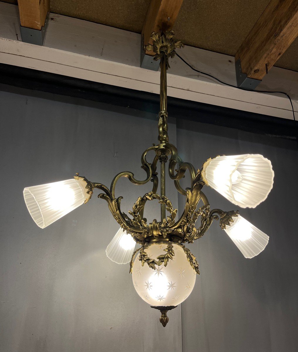 Napoleon III Chandelier In Gilt Bronze 4 Tulips Suspension Light-photo-2