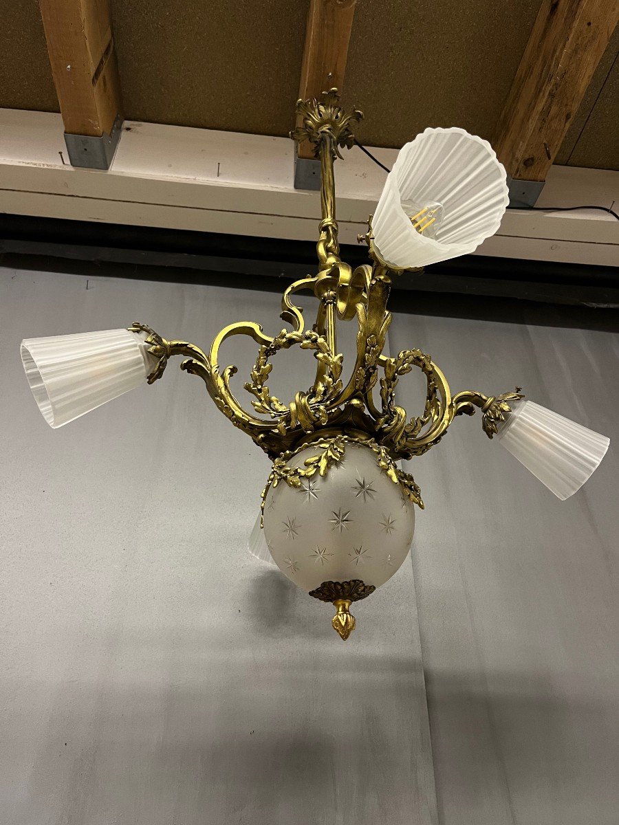 Napoleon III Chandelier In Gilt Bronze 4 Tulips Suspension Light-photo-1