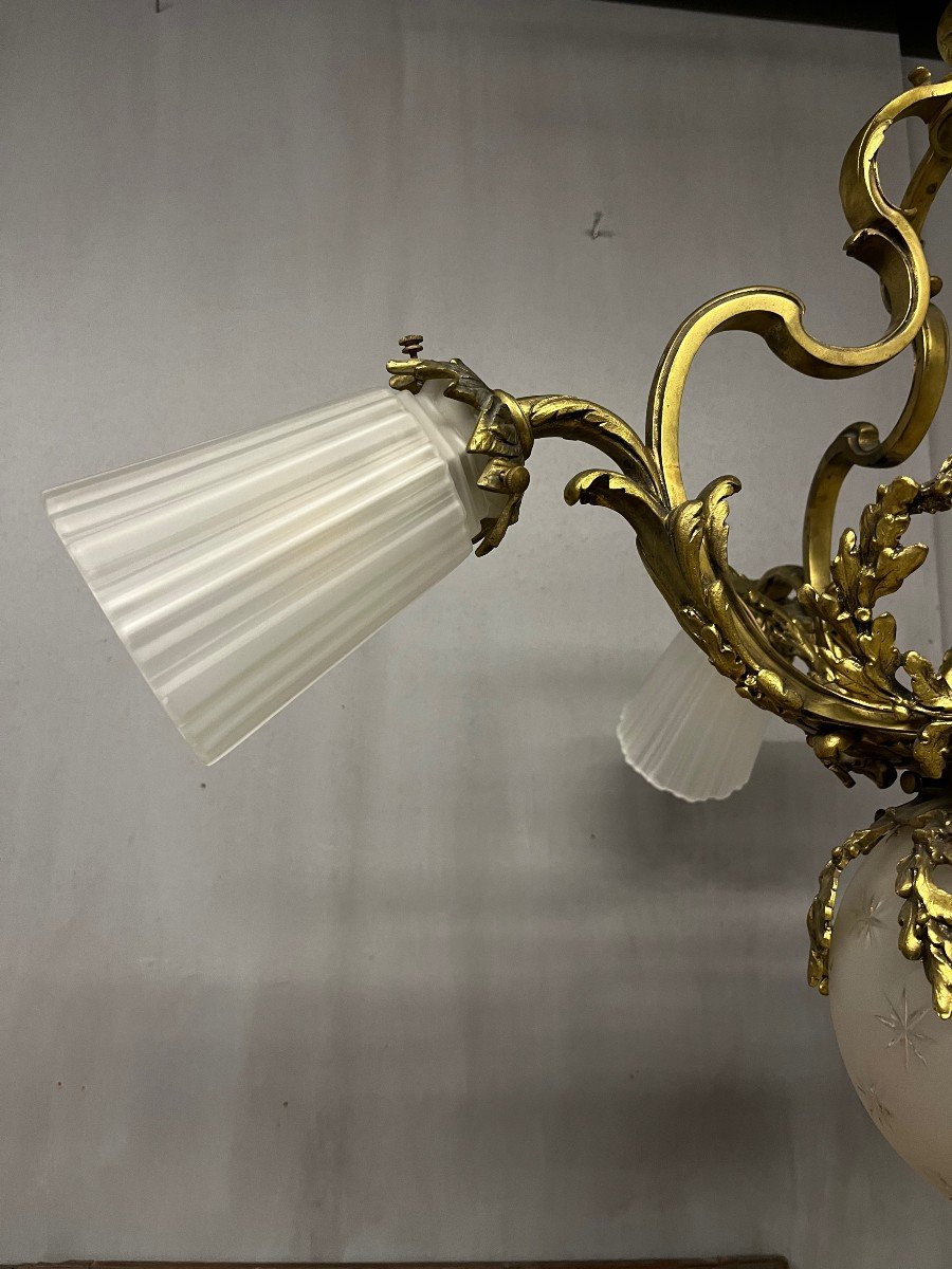 Napoleon III Chandelier In Gilt Bronze 4 Tulips Suspension Light-photo-3