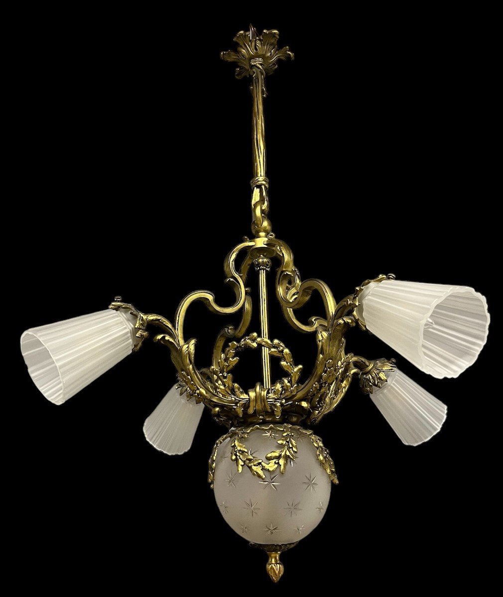 Napoleon III Chandelier In Gilt Bronze 4 Tulips Suspension Light