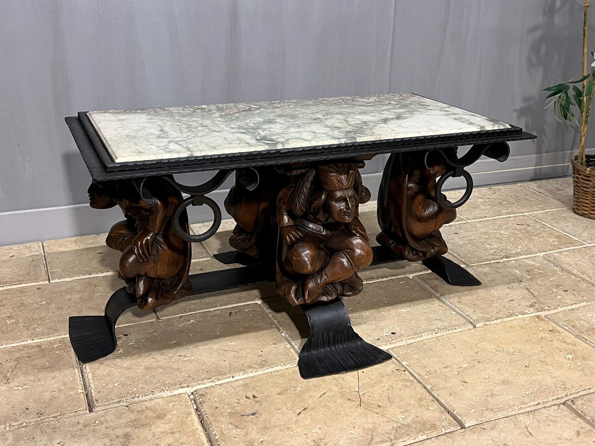 Table Basse En Fer Forgé Et Marbre Création  J.m. Rothschild – 1950