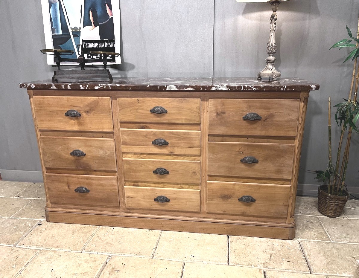 Natural Wood Confectionery Sideboard 10 Drawers Marble Top