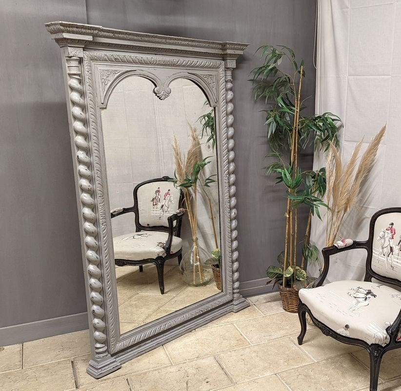 Ancien Grand Miroir Trumeau 19 ème Gris