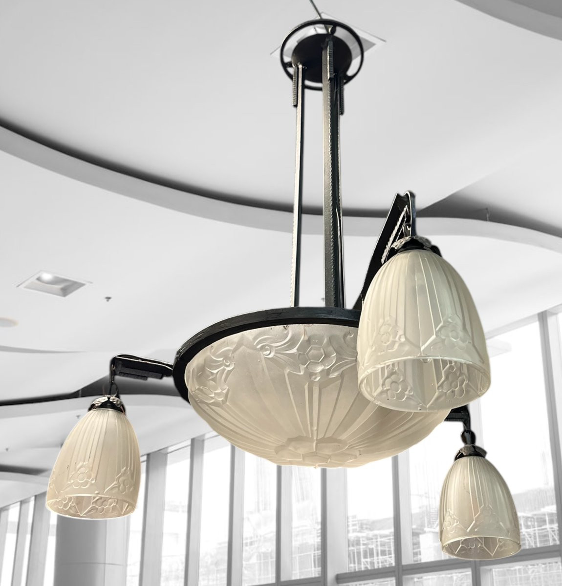 Lustre Art Déco  " Schneider " Verre Et Fer Suspension -photo-2