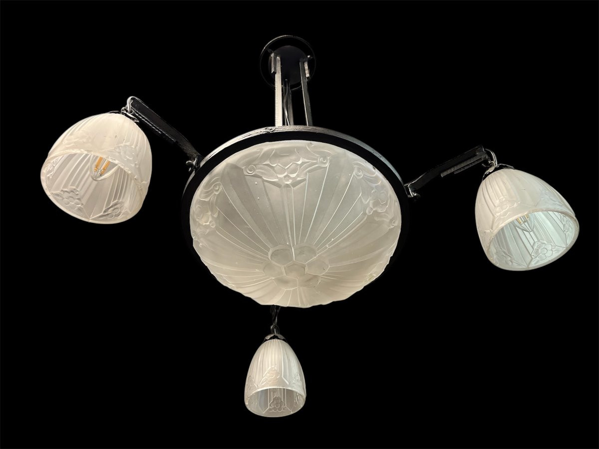 Lustre Art Déco  " Schneider " Verre Et Fer Suspension -photo-4