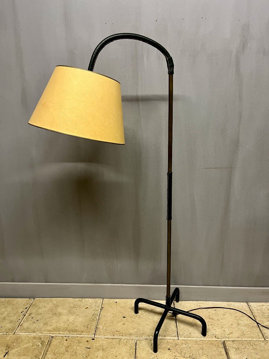 lampadaire Jacques ADNET  cuir vert  et laiton scandinave lampe luminaire  vintage-photo-2