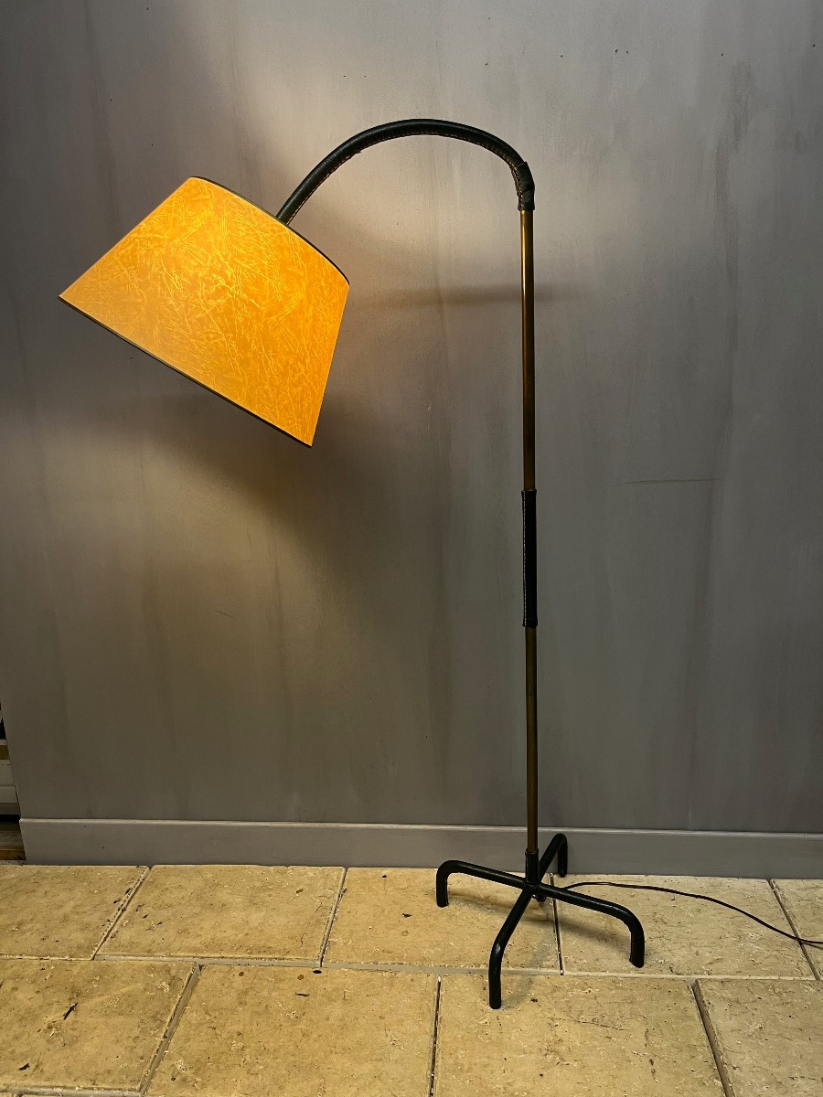 lampadaire Jacques ADNET  cuir vert  et laiton scandinave lampe luminaire  vintage-photo-3