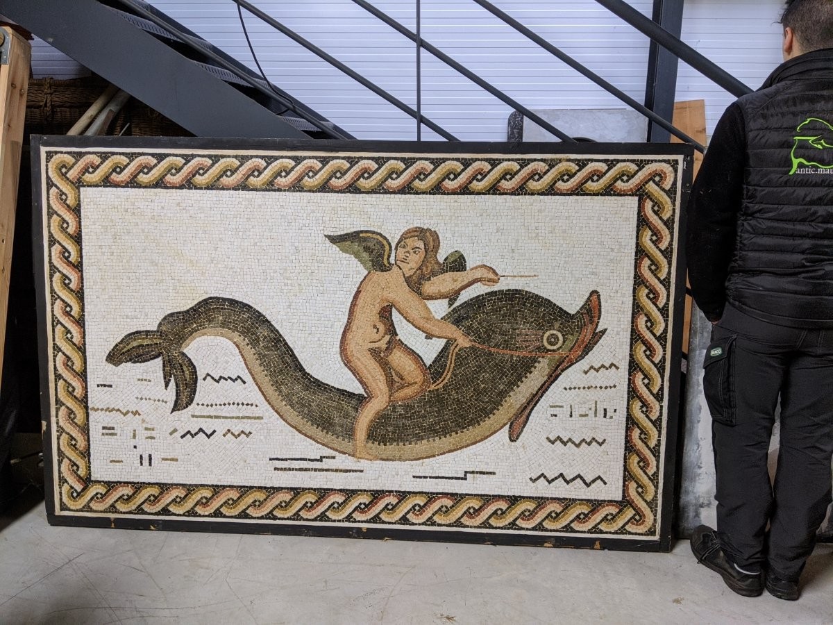 Large Mosaic Fresco Angel On Dolphin Cherub 206 X 130-photo-3