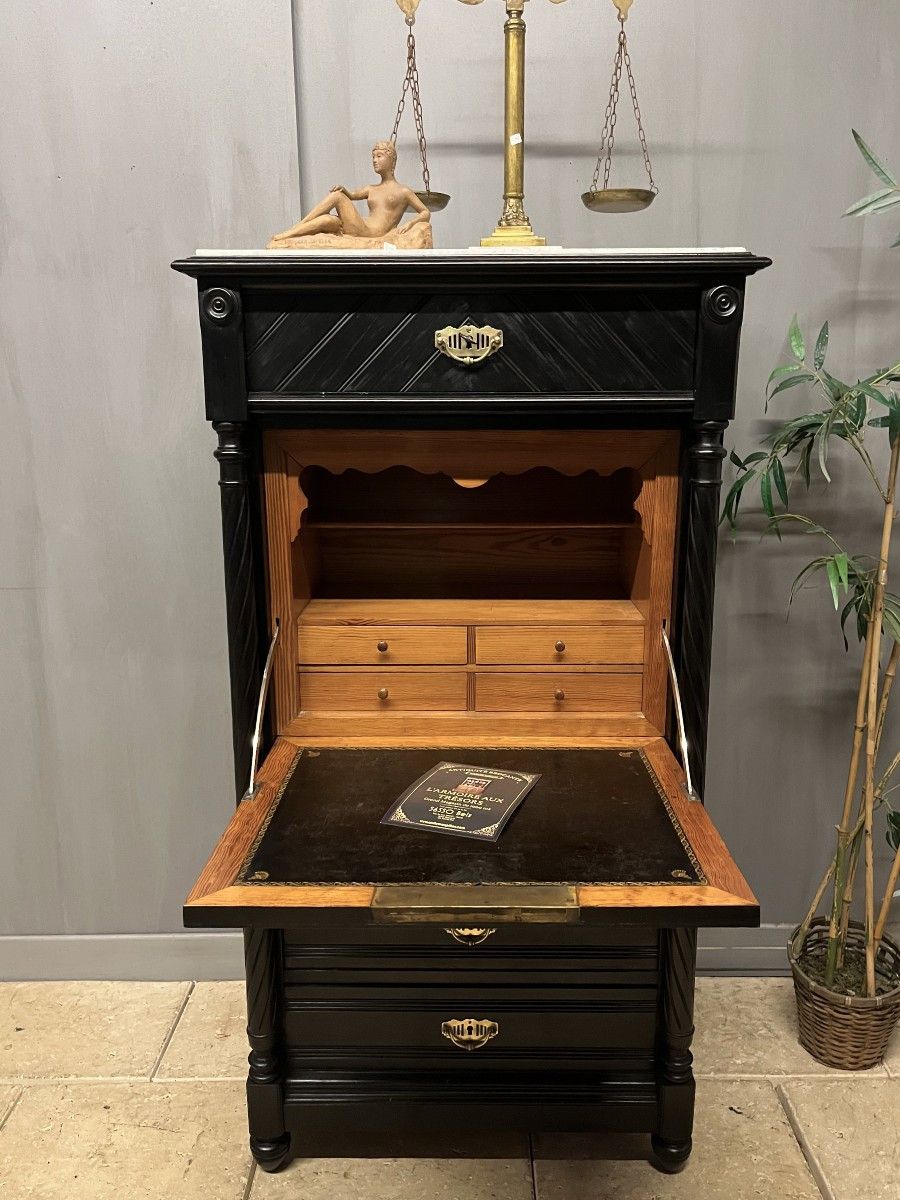 Secrétaire  plat à  abattant   en bois patiné noir années  "1900 "  bureau scriban 