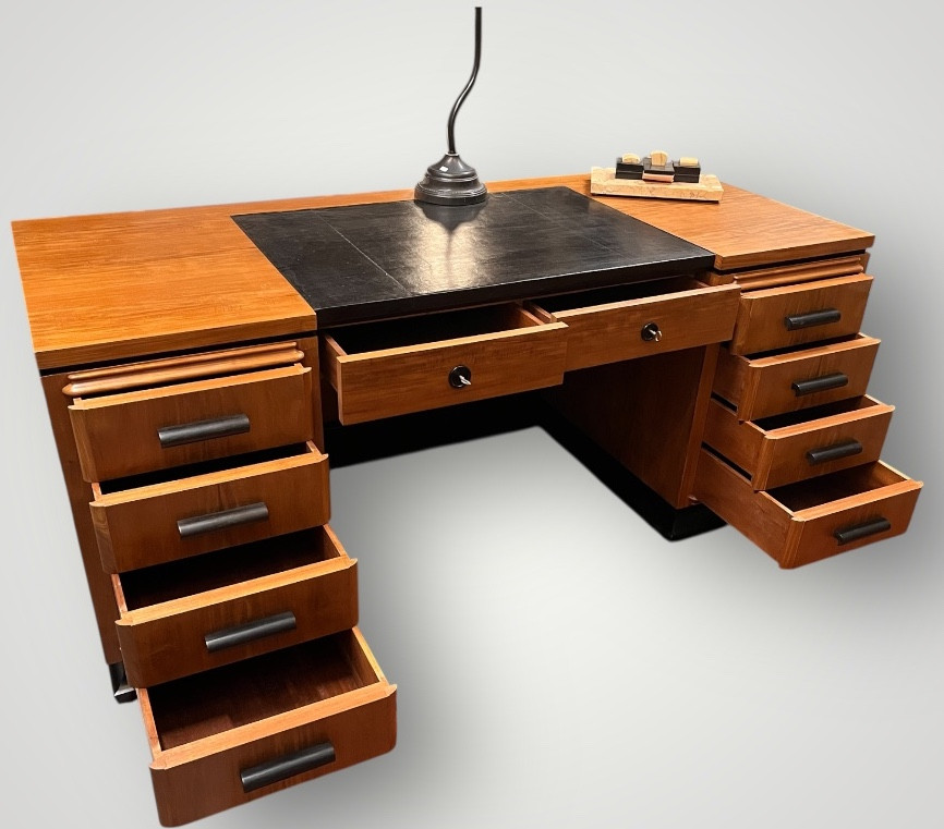 Bureau art déco acajou blond à deux caissons -photo-2