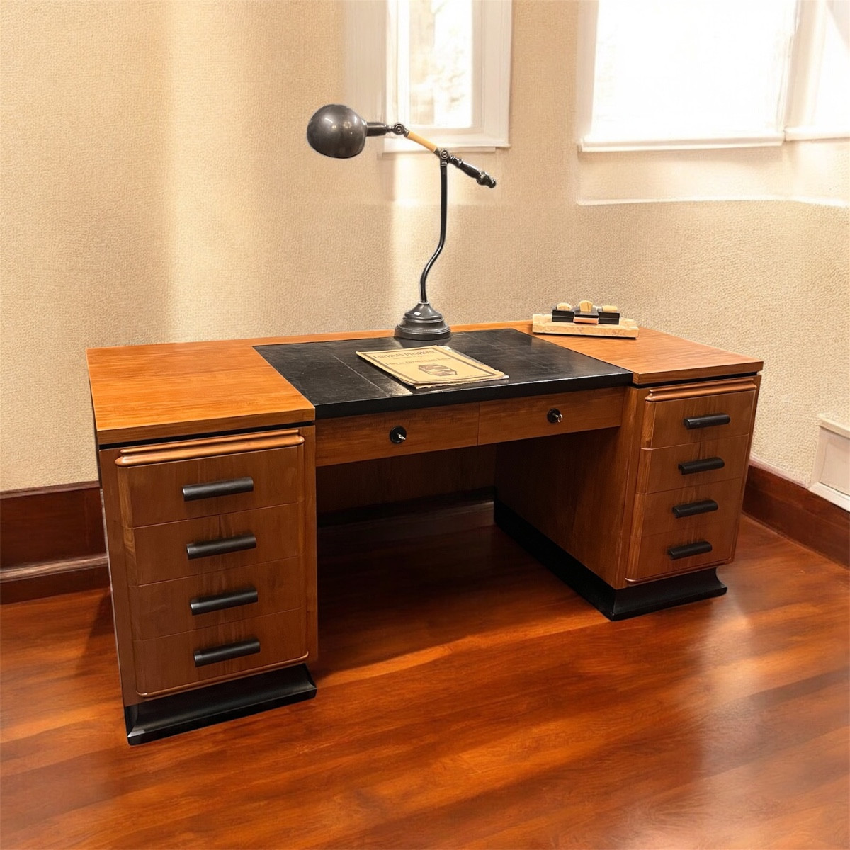 Bureau art déco acajou blond à deux caissons -photo-3