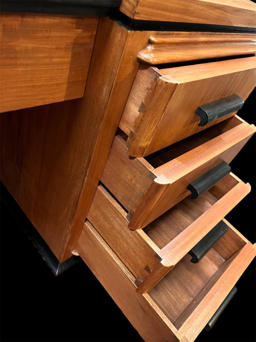 Bureau art déco acajou blond à deux caissons -photo-2