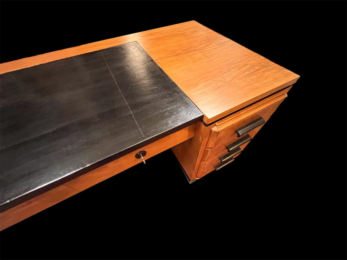 Bureau art déco acajou blond à deux caissons -photo-3