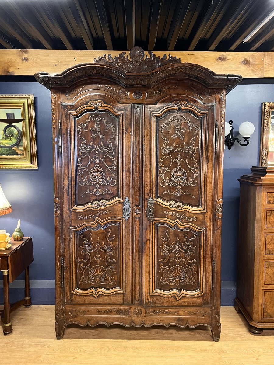 Rennes Wardrobe From 1768, Signed, In Cherry Wood With Double Pediment-photo-2