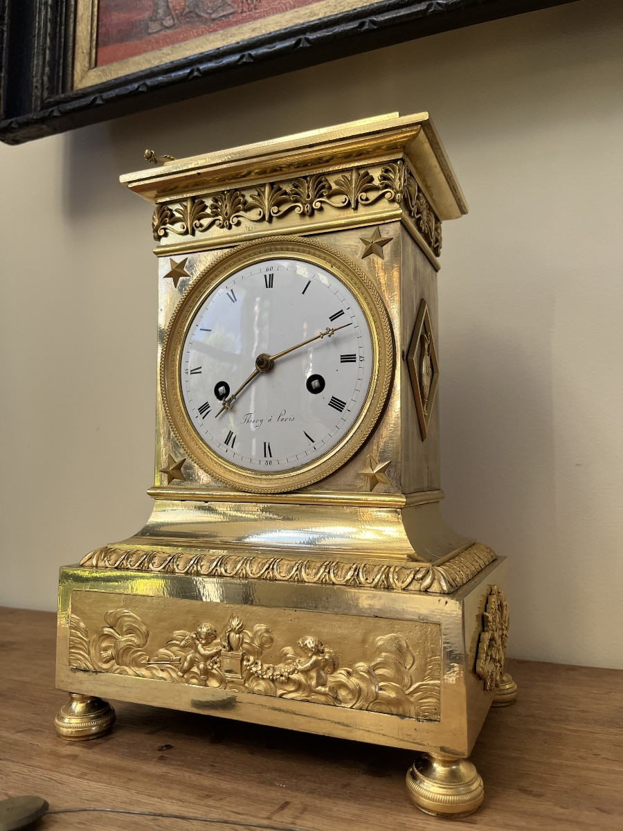 Empire Period Mantel Clock, Thiery Paris France Movement, In Gilt Bronze. -photo-3