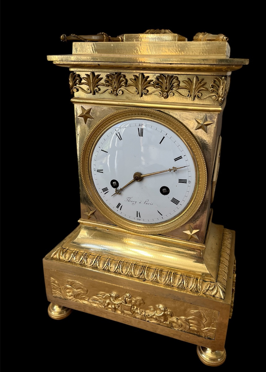 Empire Period Mantel Clock, Thiery Paris France Movement, In Gilt Bronze. 