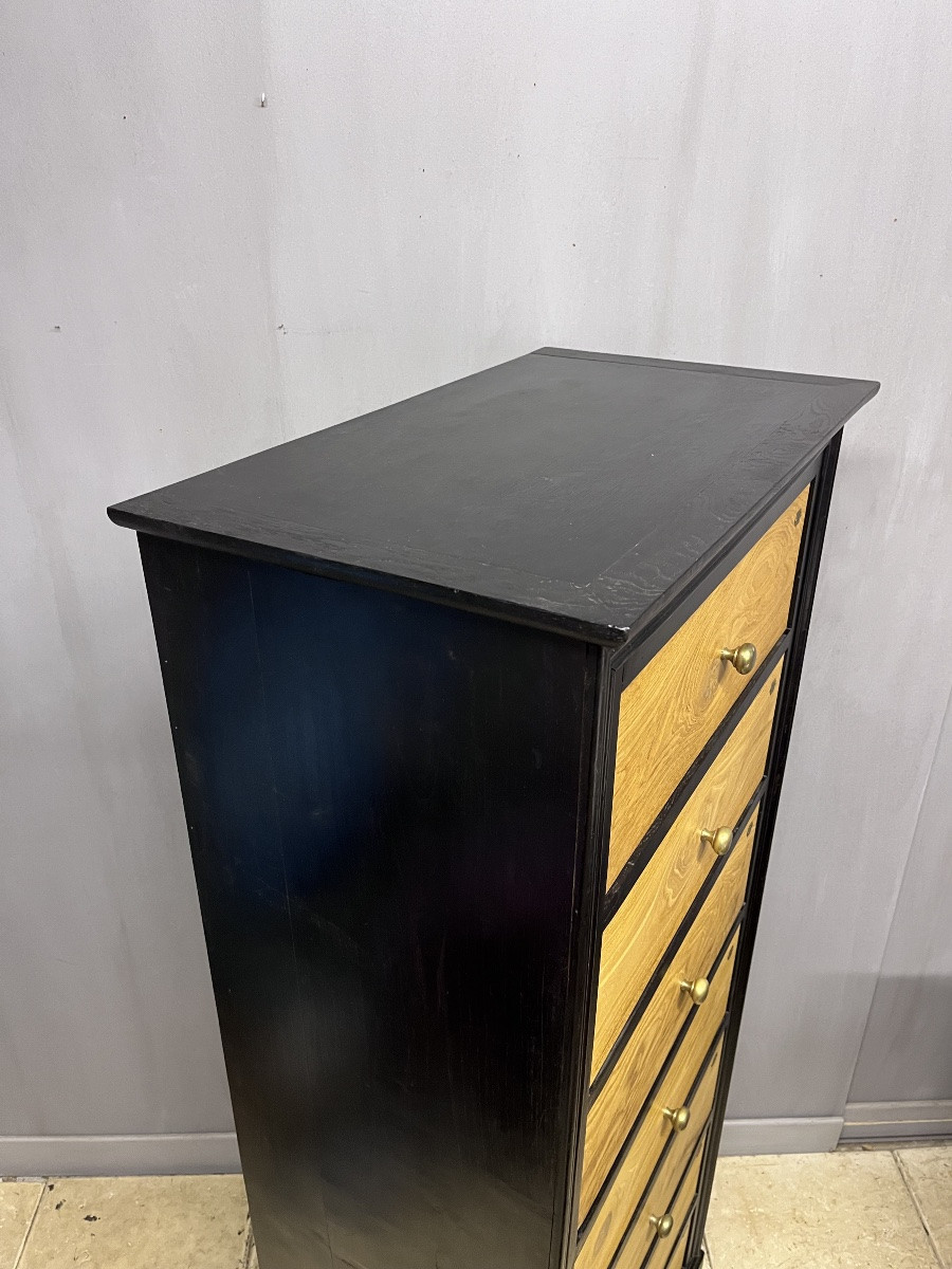 Semainier en châtaignier noir et naturel meuble métier de bureau  commode 7 tiroirs -photo-3