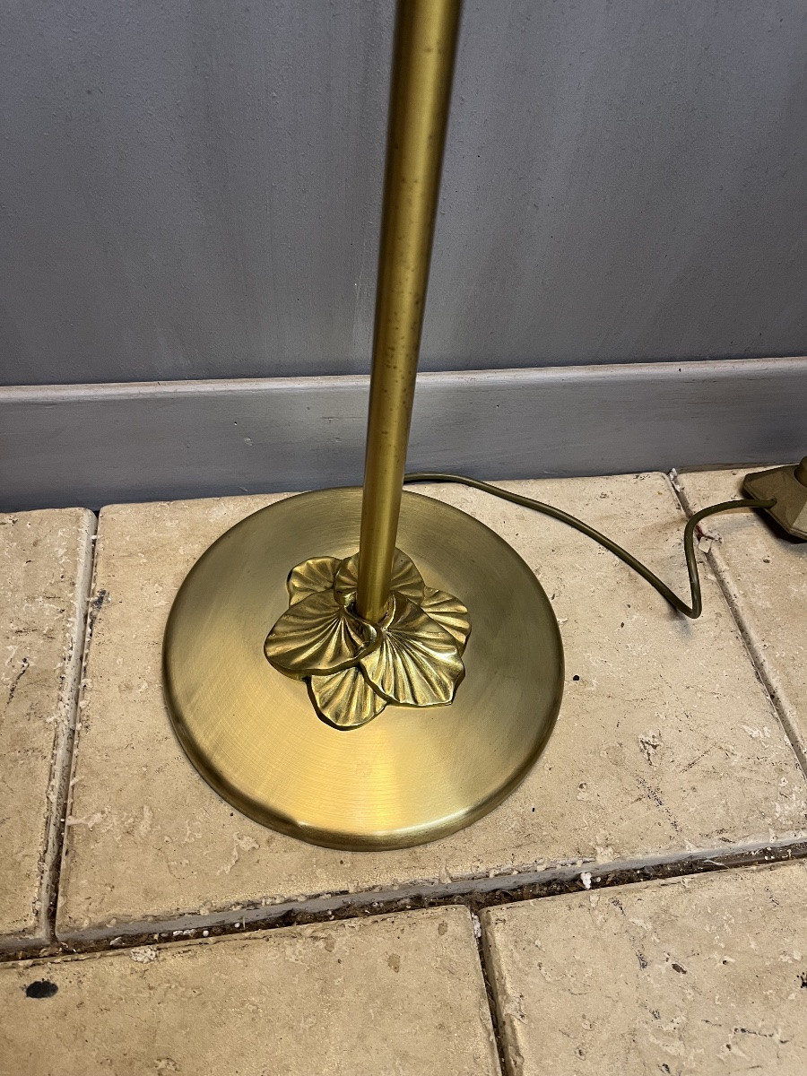 Lampadaire bouillotte Lucien Gau modèle Nymphéa bronze et métal lampe -photo-3