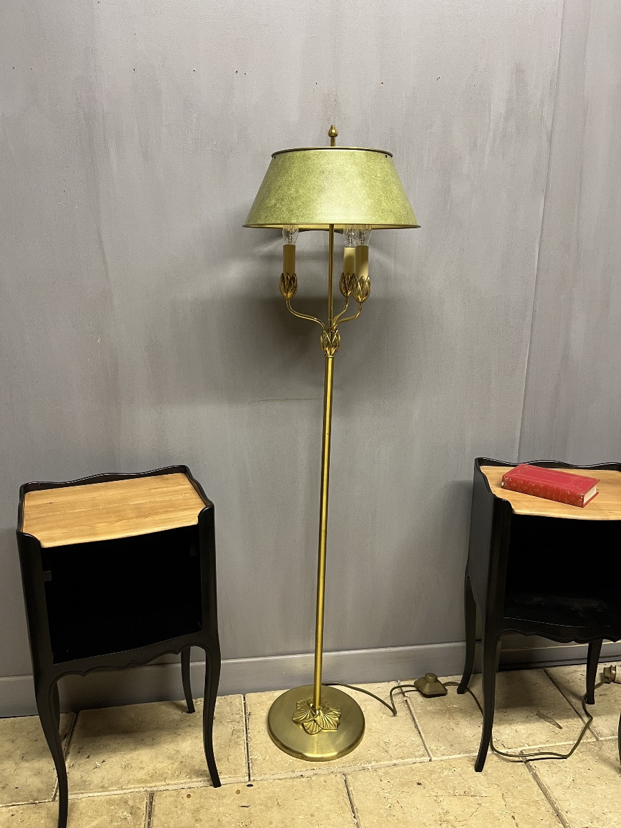 Lampadaire bouillotte Lucien Gau modèle Nymphéa bronze et métal lampe -photo-1