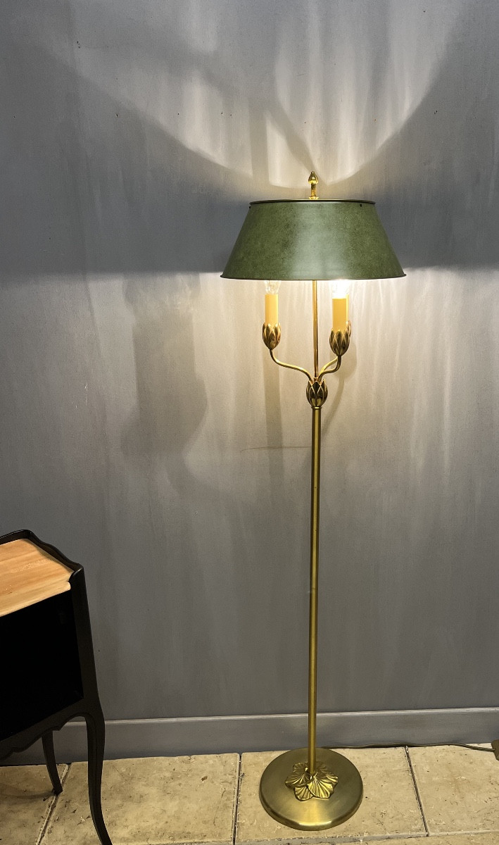 Lampadaire bouillotte Lucien Gau modèle Nymphéa bronze et métal lampe 