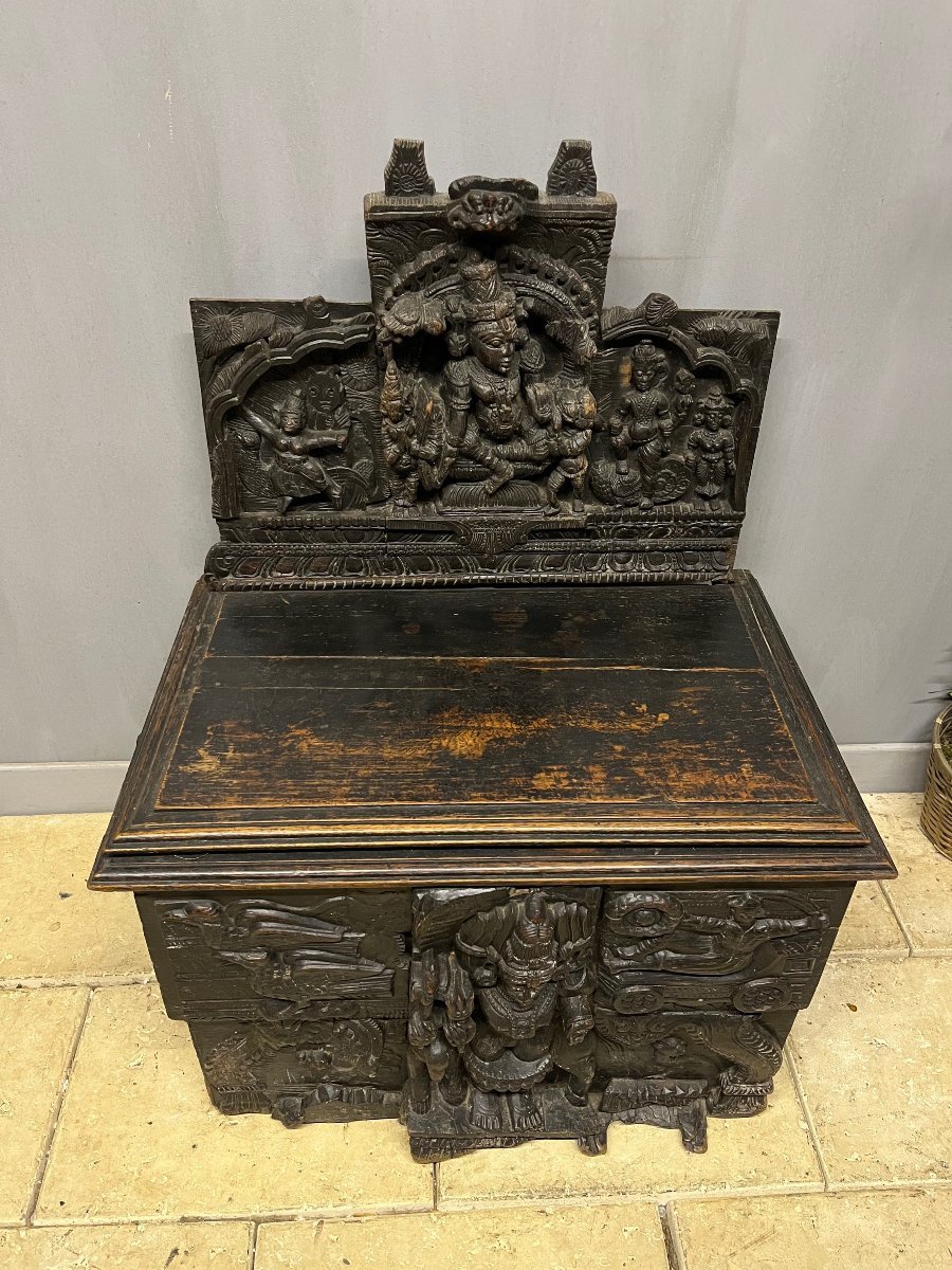 Banc -coffre fresque indienne ethnique art asiatique meuble-photo-4